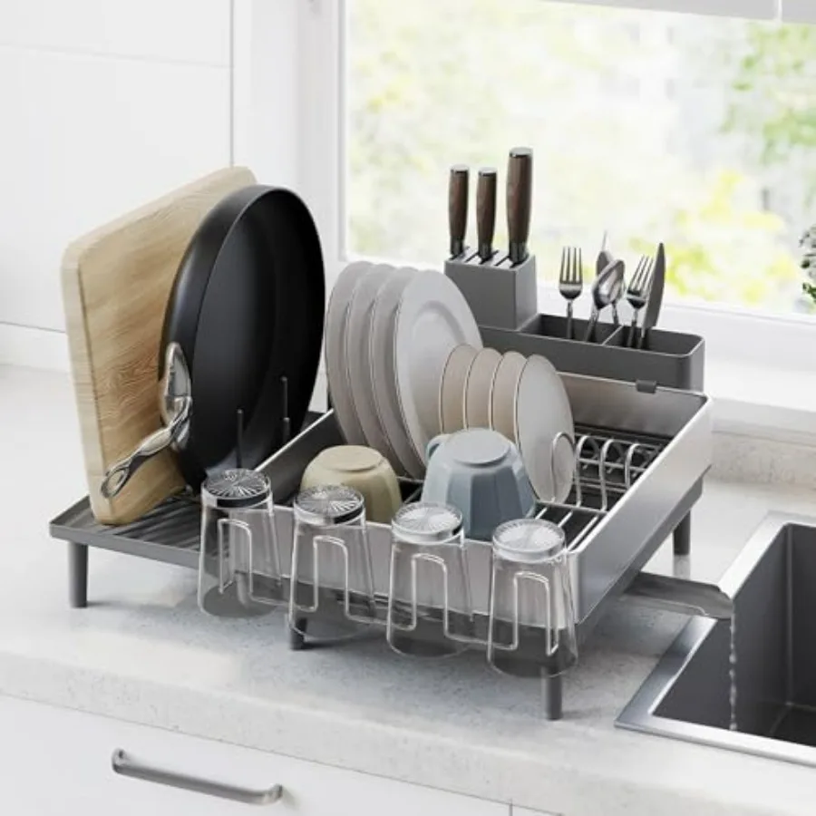 

Large Expandable Stainless Steel Dish Drying Rack for Kitchen Counter with Rotatable Spout Silver and Gray Utensil Cup Glass Cu