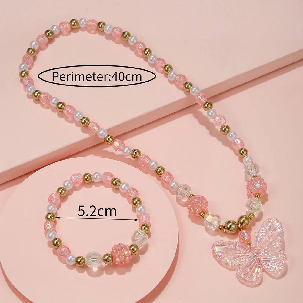 2Pcs/set Pink Butterfly Charm Necklace Bracelet Princess Girl Jewelry Set for Daughter Niece Best Party Birthday Gifts