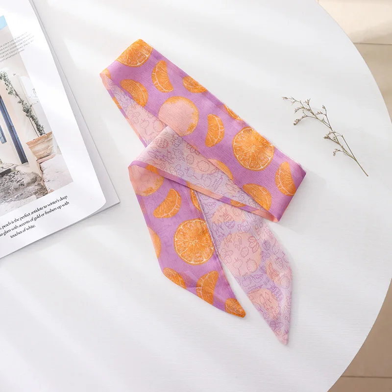 Syal Sutra Panjang Motif Bunga Kecil Warna Pink Retro Prancis untuk Musim Panas, Ikat Rambut, Headband, Syal Tipis Bahan Chiffon untuk Rambut Kepang