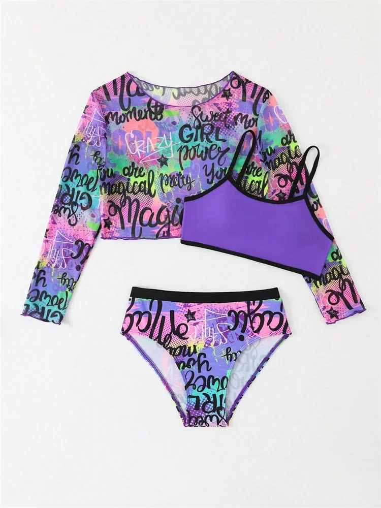 Bikini Kids Girls Swimsuit 2025 New Purple Letter Sling Mesh Long Sleeve Children Bikinis Set Swimwear Summer Beach Bathing Suit