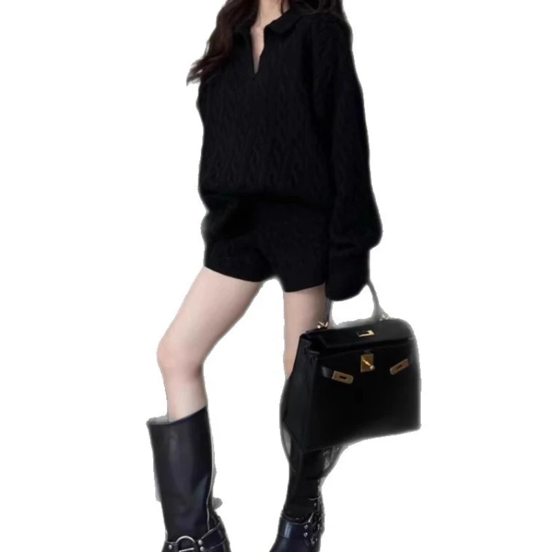 Abito coreano delicato, abito maglione con risvolto ampio, maglieria autunnale e invernale da donna, pantaloncini a vita alta, due pezzi