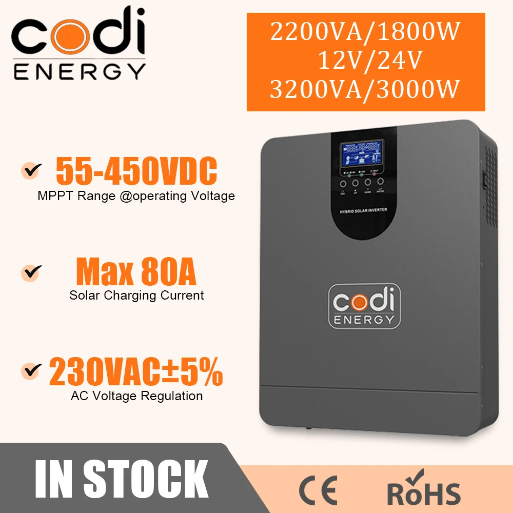 CODI Pure Sine Wave Inverter 12V 24V 220V 1.8KW 3 KW Hybrid Solar Inverter 50/60Hz with 80A MPPT Solar Charger Max PV 450VDC