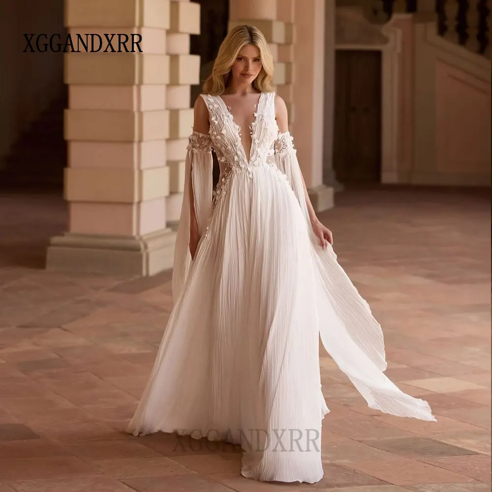 Customized Elegant A Line Wedding Dress 2026 Deep V Neck Cape Sleeve Lace Applique Beading Flower Woman Bridal Gown Sweep Train