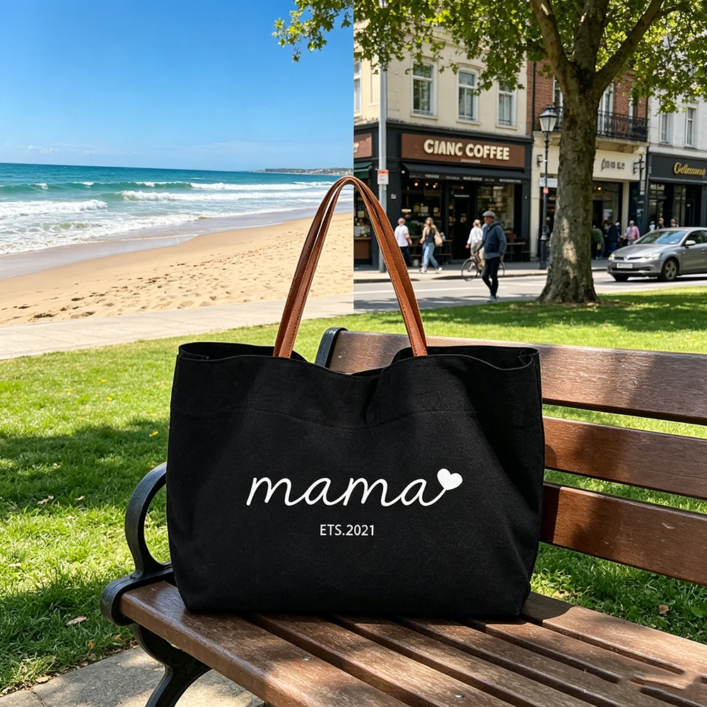 Sac fourre-tout en toile personnalisé avec texte « Maman » – Idéal pour les parents en repos, les loisirs, le quotidien, le rangement des petits effets personnels, ou comme cadeau