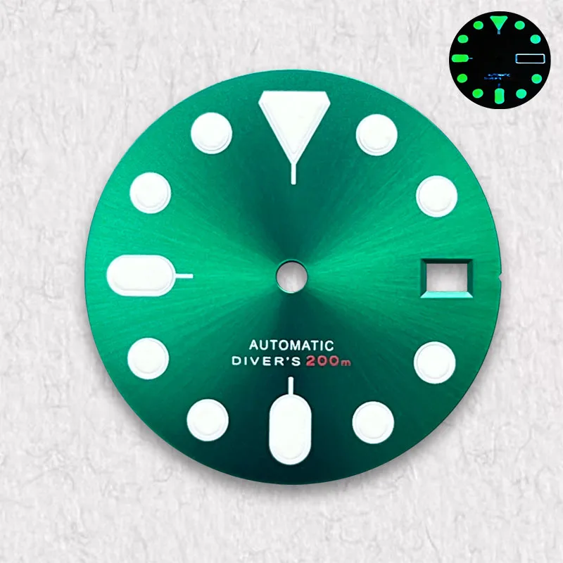 Alta qualidade 28.5mm s logotipo dial caber nh35/nh36/4r36 movimento c3 verde luminoso fosco/sunburst dial acessórios de relógio