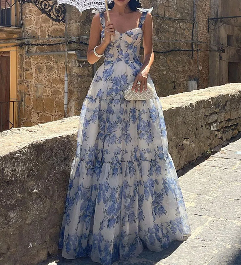 Abito lungo elegante da donna sexy estivo senza maniche con scollo a V Abito elegante da spiaggia con fasciatura Boho Abiti maxi da sera floreali