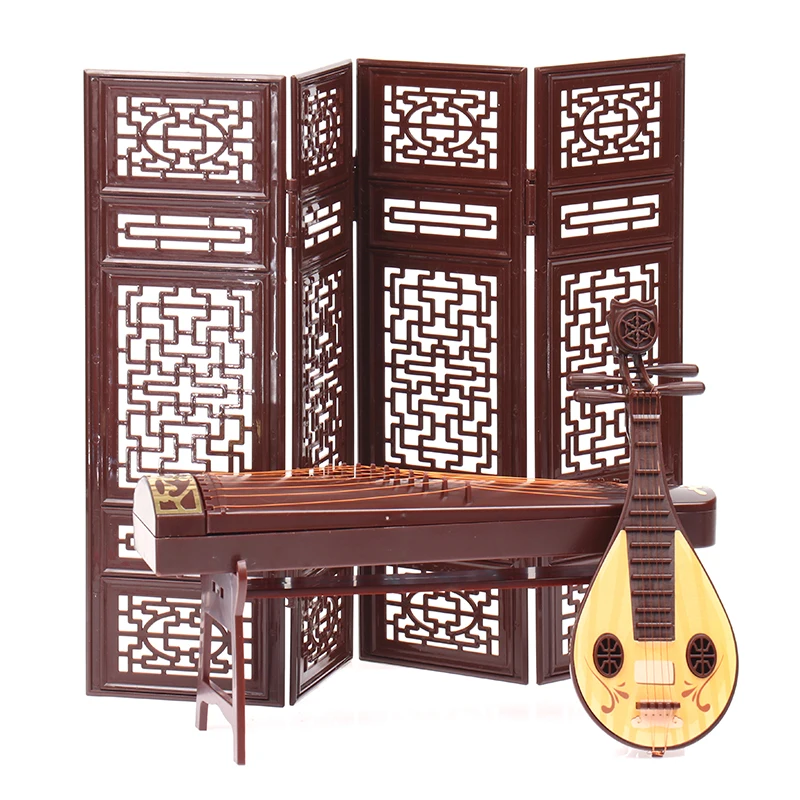 Dollhouse Miniature Folding Screen Flute Lute Guzheng Fan Life Scene Ornament