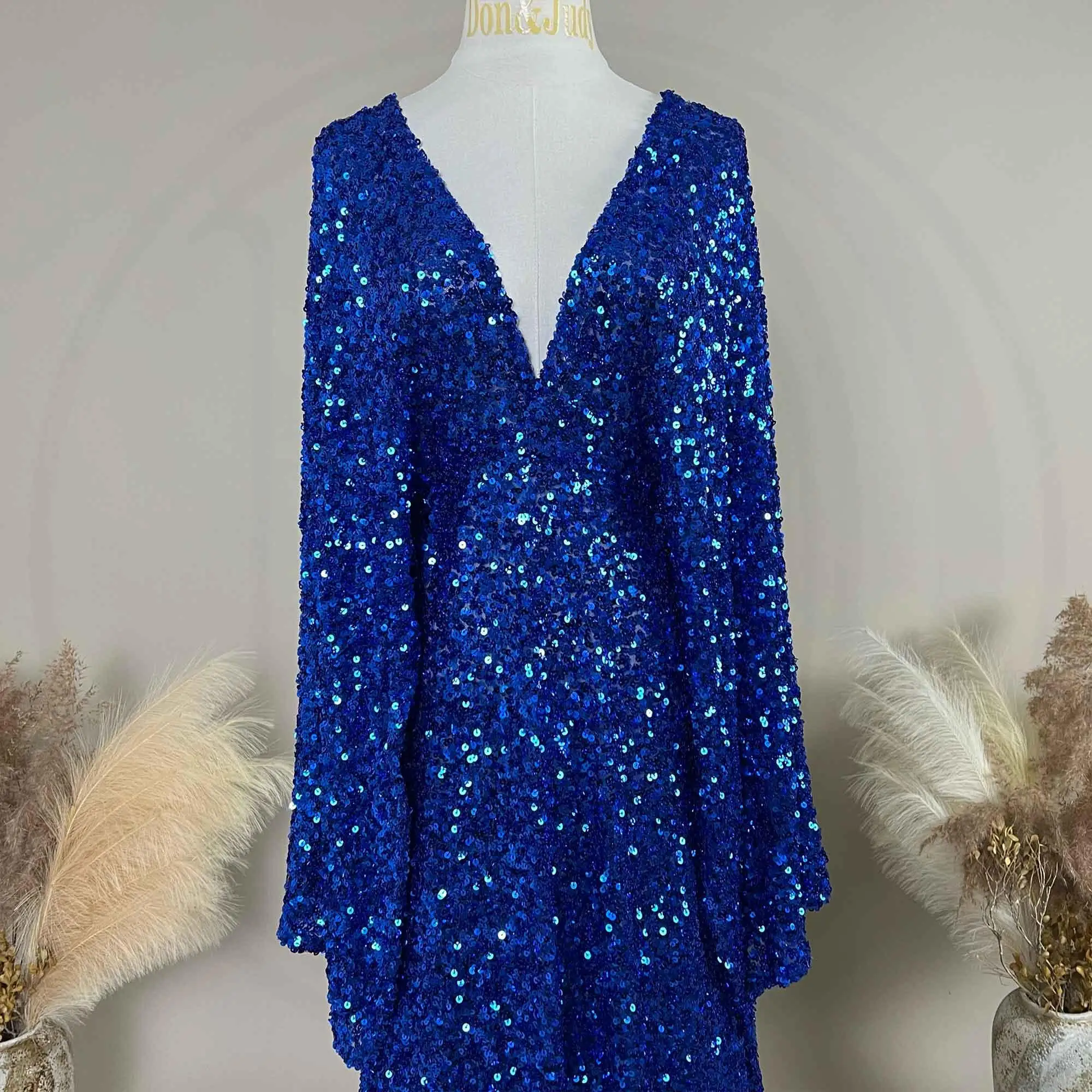 Don&Judy Abend-Partykleid mit Pailletten, V-Ausschnitt, sexy Langarm-Seitenschlitzkleid für formelle Partys – Detail 11