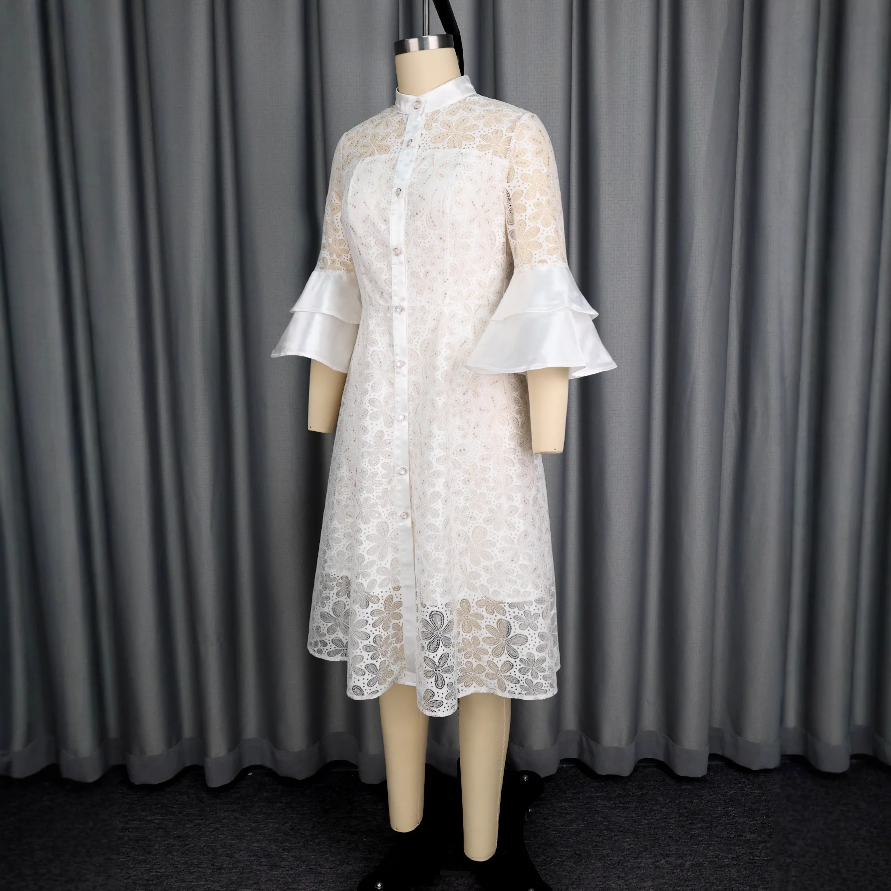 Lace Stand Collar Single-breasted Sheer A-line Midi Dress with Flared Sleeves and Waist-cinching Elegant Party Dress Elegant