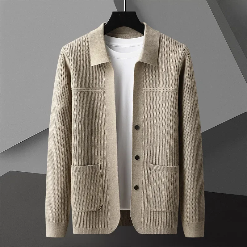 Luxury High-quality Fashionable Jacquard Design Knitted Cardigan Men's Spring and Autumn Casual Lapel Pocket Jacket Sweater Coat