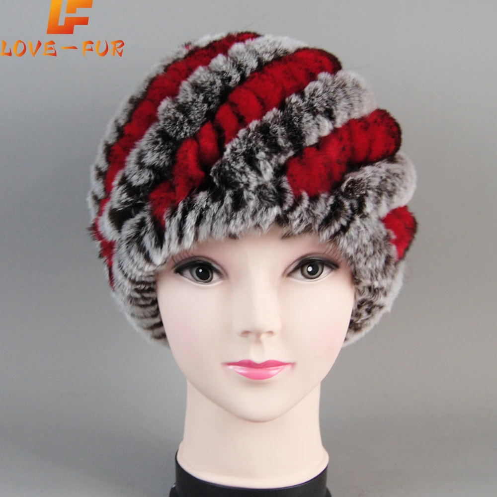 Knitted Good Elastic 100% Natural Rex Rabbit Fur Beanies Hats Lady Winter Warm Real Rex Rabbit Fur Cap Knit Striped Real Fur Hat