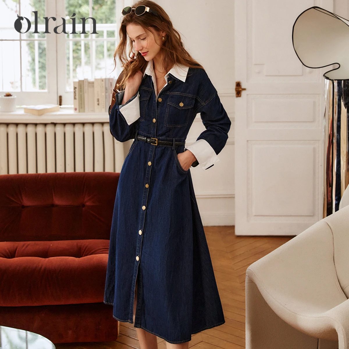 

OLrain French Denim Dresses Women 2025 Spring Cotton Patchwork 2 in 1 Retro Streetwear Lapel Long Sleeve Dress O22CL58133