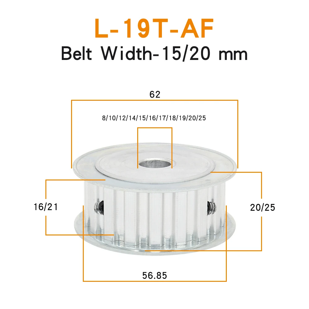 L-19T Belt Pulley Trapezoidal Tooth Pitch 9.525mm Bore 8/10/12/14/15/16/17/19/20mm  Alloy Pulley Rubber Belt Width 15/20mm