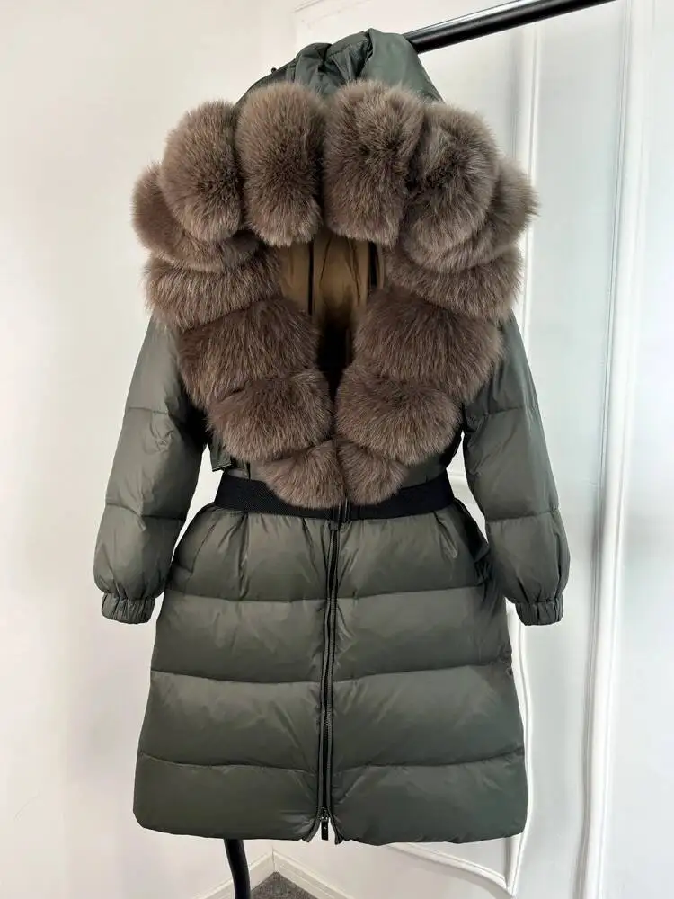 Janveny New Natural Thick Warm 90% White Duck Down Coat Long Winter Jacket Women Real Big Fox Fur Collar Belt Loose Puffer Parka