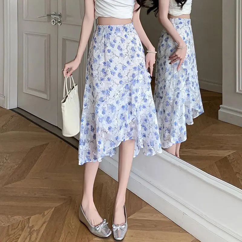Women's Chiffon Skirt Midi Floral Ruffle Female Skirts Summer 2025 New in A Line Cheap V High Quality Chic and Elegant Modest
