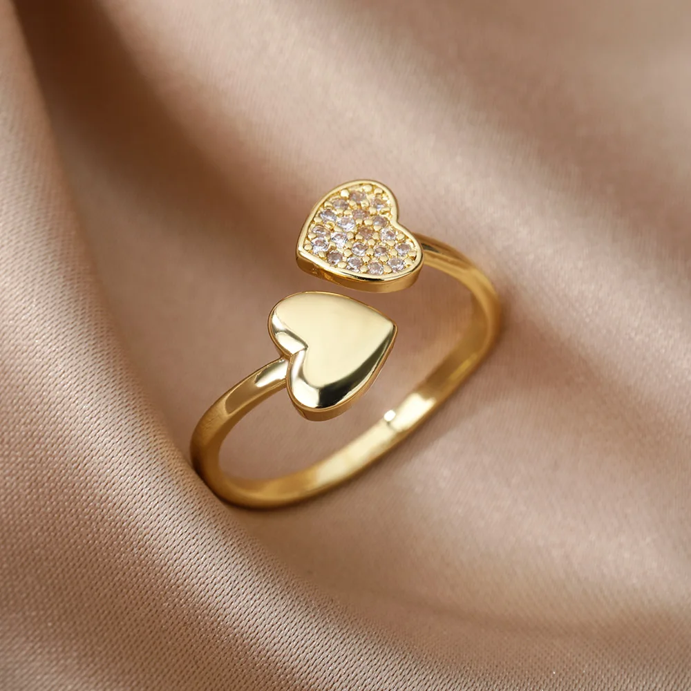 Zircon Heart Rings For Women Stainless Steel Gold Color Adjustable Open Finger Ring Wedding Aesthetic Jewelry Gift 2024
