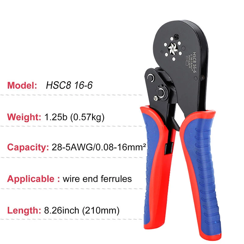 HSC8 16-6 Rachet Crimping Plier Wire Ferrule Sleeves Crimper,Tubular Terminals Household Electrical 0.08-16mm² Clamp Tool Kit