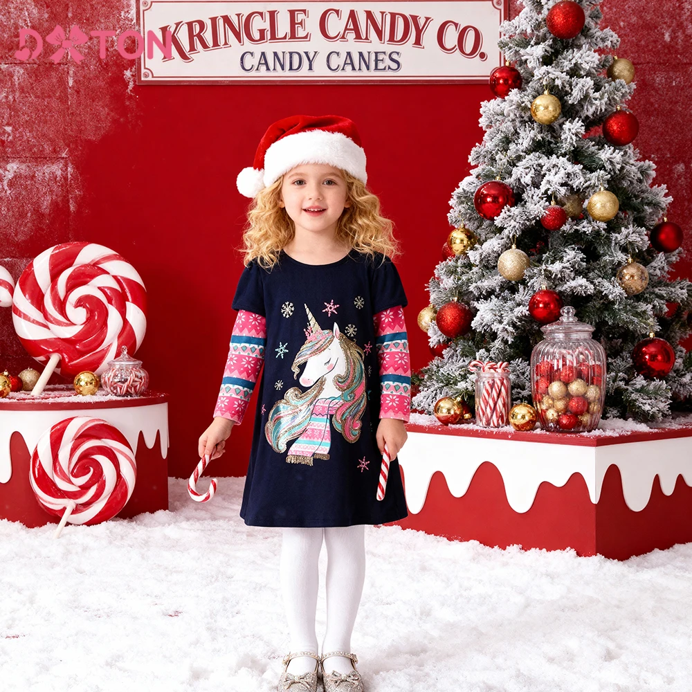 

DXTON Girls Casual Dresses Unicorn Cartoon New Year Kids Gift Children Cotton Clothing Snowflake Xmas Toddler Dress Costumes