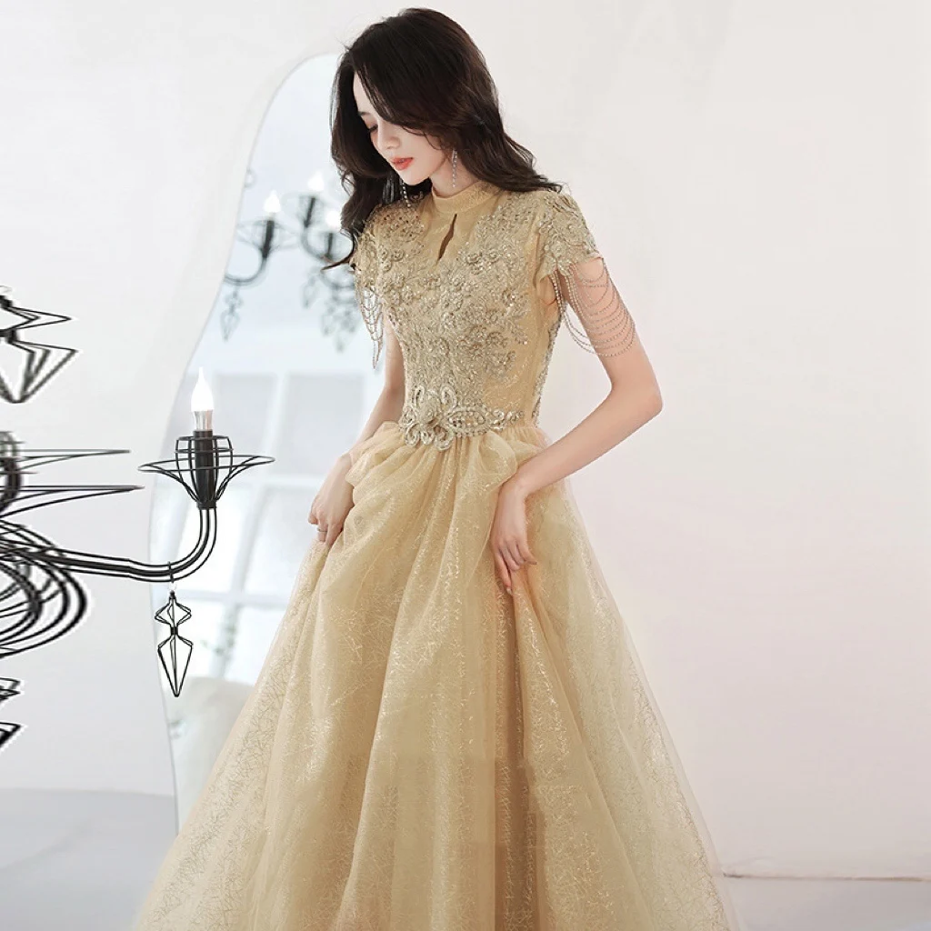 

Champagne Celebrity Dress Embroidery Tassel Cap Sleeve Applique Tulle Lace Up A Line Floor Length Formal Party Evening Prom Gown