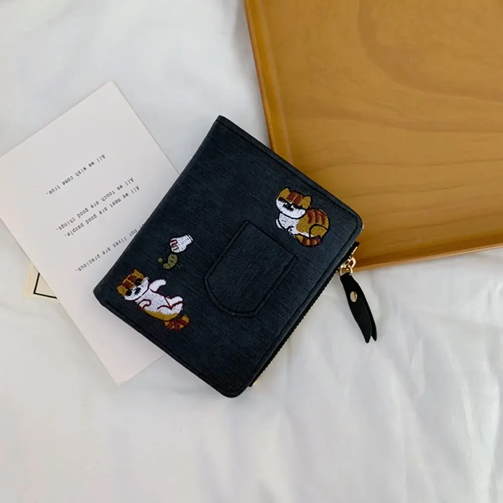 Korean Style Embroidered Cat Wallet Purse Ultra Thin Canvas Card Bag Card Holder Short Clutch Coin Pouch Card Storage Bag
