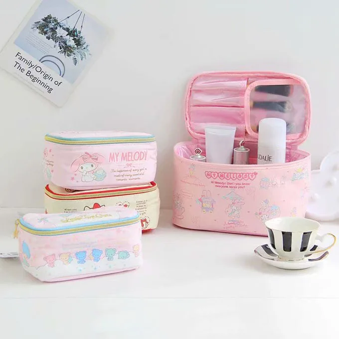 Sanrio My Melody Cosmetic Bag for Women Kawaii Storage Box PU Leather Cute Portable Makeup Bag Zipper Wash Beauty Pouch Gift