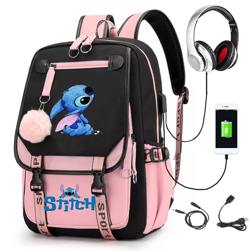 Lilo & Stitch Backpacks USB Waterproof Patchwork Lightweight Bagpack Capacity Laptop School Bags Teenage Travel Bag