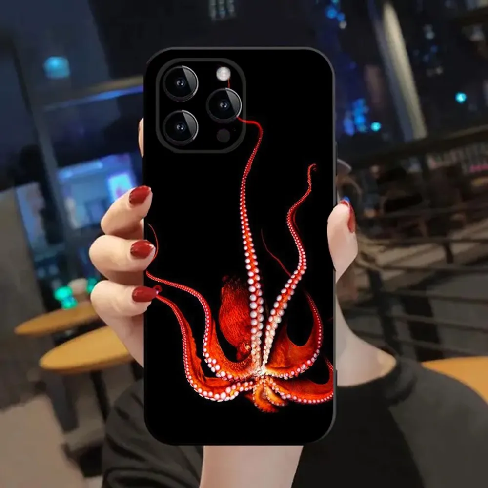 Marine Life Ocean Octopus Phone Case For Apple iPhone 15,14,13,12,11,XS,XR,X,8,7,Pro,Max,Plus,mini Silicone Black Cover