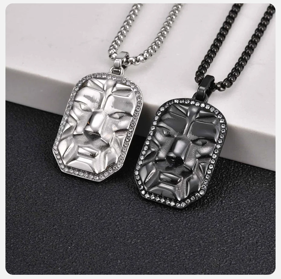 Vnox Herren 3D-Masken-Gesichts-Hundemarken-Halskette, Schwarz-Silberfarbener Edelstahl 60cm Kastenkette Hip-Hop Punk Schmuck Geschenk für Ihn – Detail 6