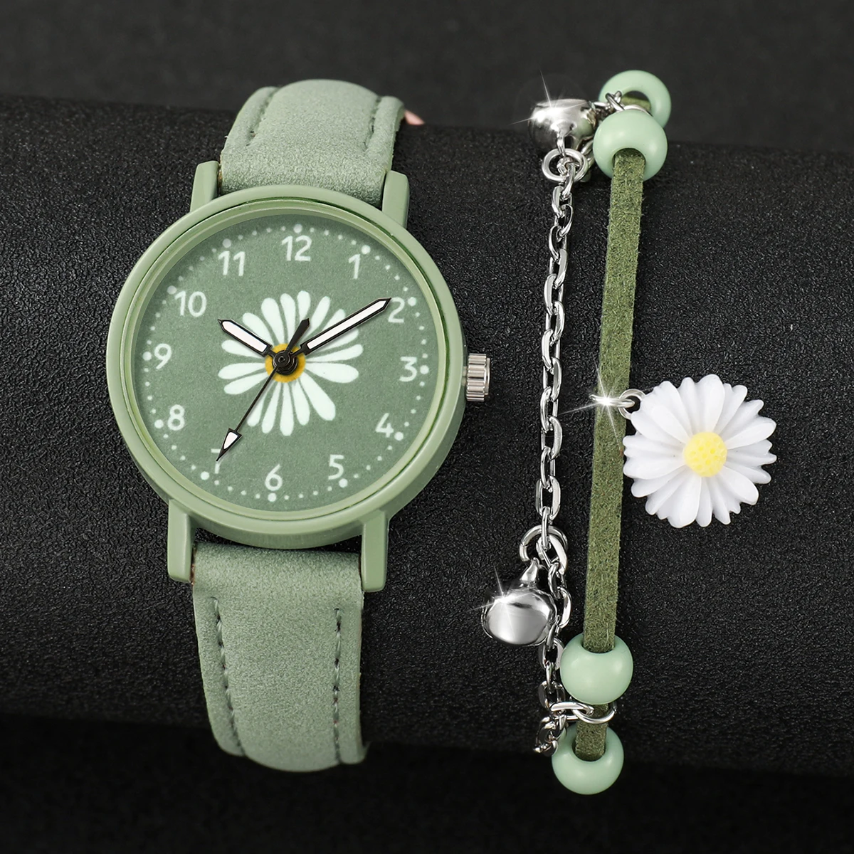 4 pièces/ensemble mode montre pour femme doux loisirs polyvalent fleur cadran montre à Quartz avec chrysanthème feuille en forme de Bracelet ensemble