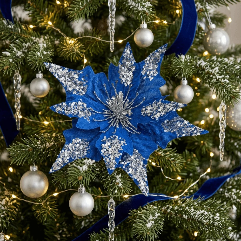 Flannel Artificial Christmas Flower Sequined DIY Craft Christmas Flower Arrangements Realistic Xmas Poinsettia Ornament