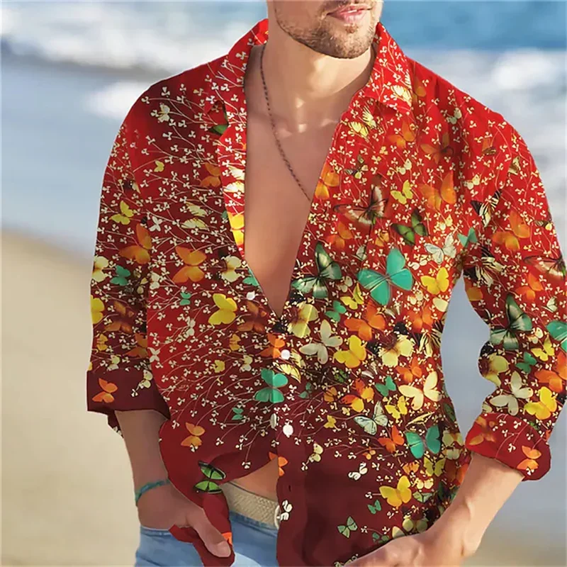 High-end shirts Hawaiian shirts Butterfly printed long-sleeved single-breasted clothing fashion street versatile design 2025