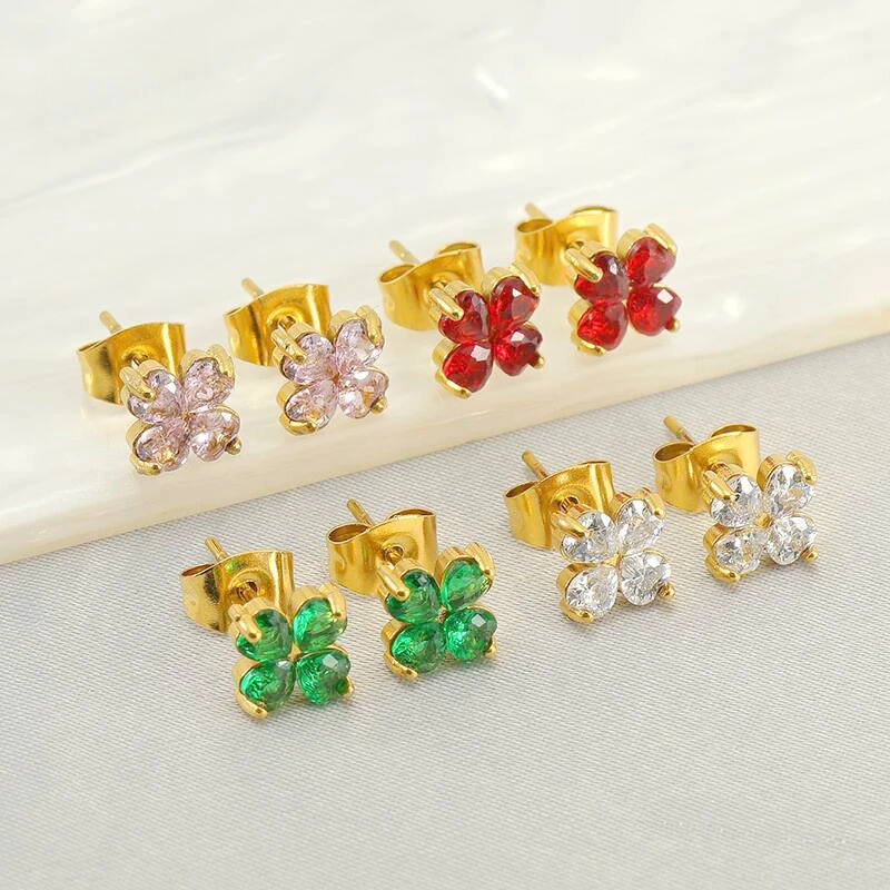 

Stainless Steel Clover Gold Plated Lucky Earrings Personality Zircon Y2K Ear Studs For Girl Surprise Gift