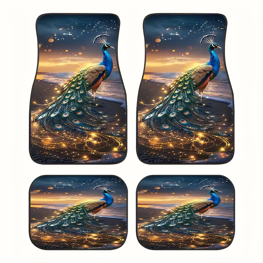 Set Of 4 Dreamy Peacock And Beach Design Mats - Complete Coverage For Front And Rear, Interior Decoration For Vehicles