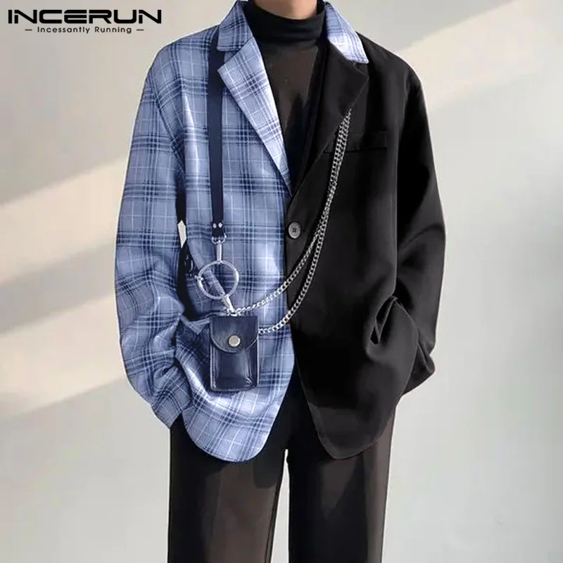Incerun-メンズチェック柄パッチワークブレザー、ラペル、長袖、ワンボタン、カジュアルなメンズスーツ、ルーズストリートウェア、ファッションコート、S-5XL、2021