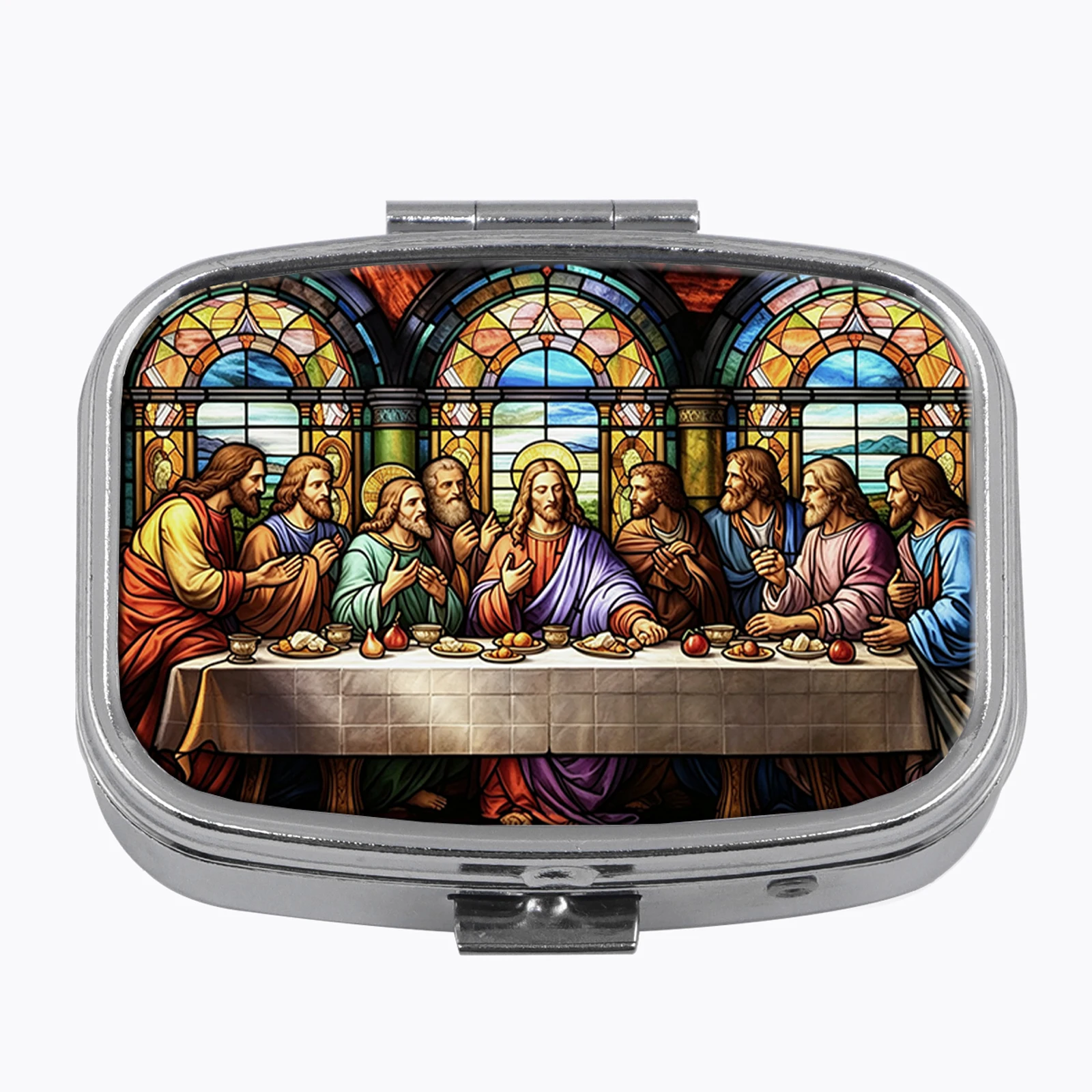 Classic Art Painting 2 Compartments Metal Medicine Box Portable Travel Stained Glass Print Sealed Small Pill Organizer Container