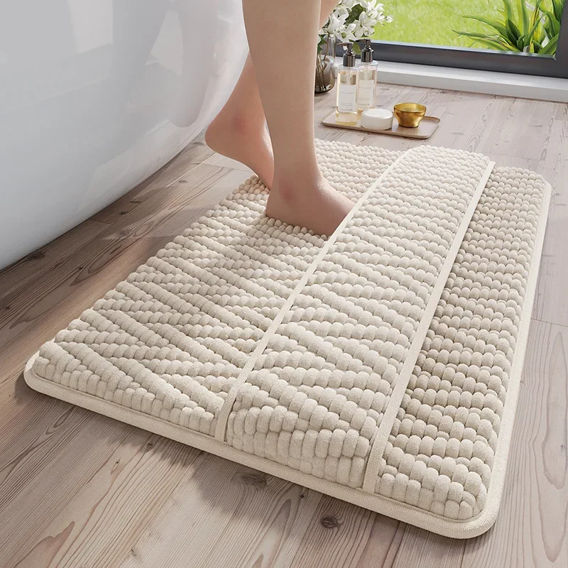 Soft Flannel Memory Foam Bath Rug - Quick Water Absorption, Double-Sided Anti-Slip Bath Mat with Instep Strap, Bathroom Carpet