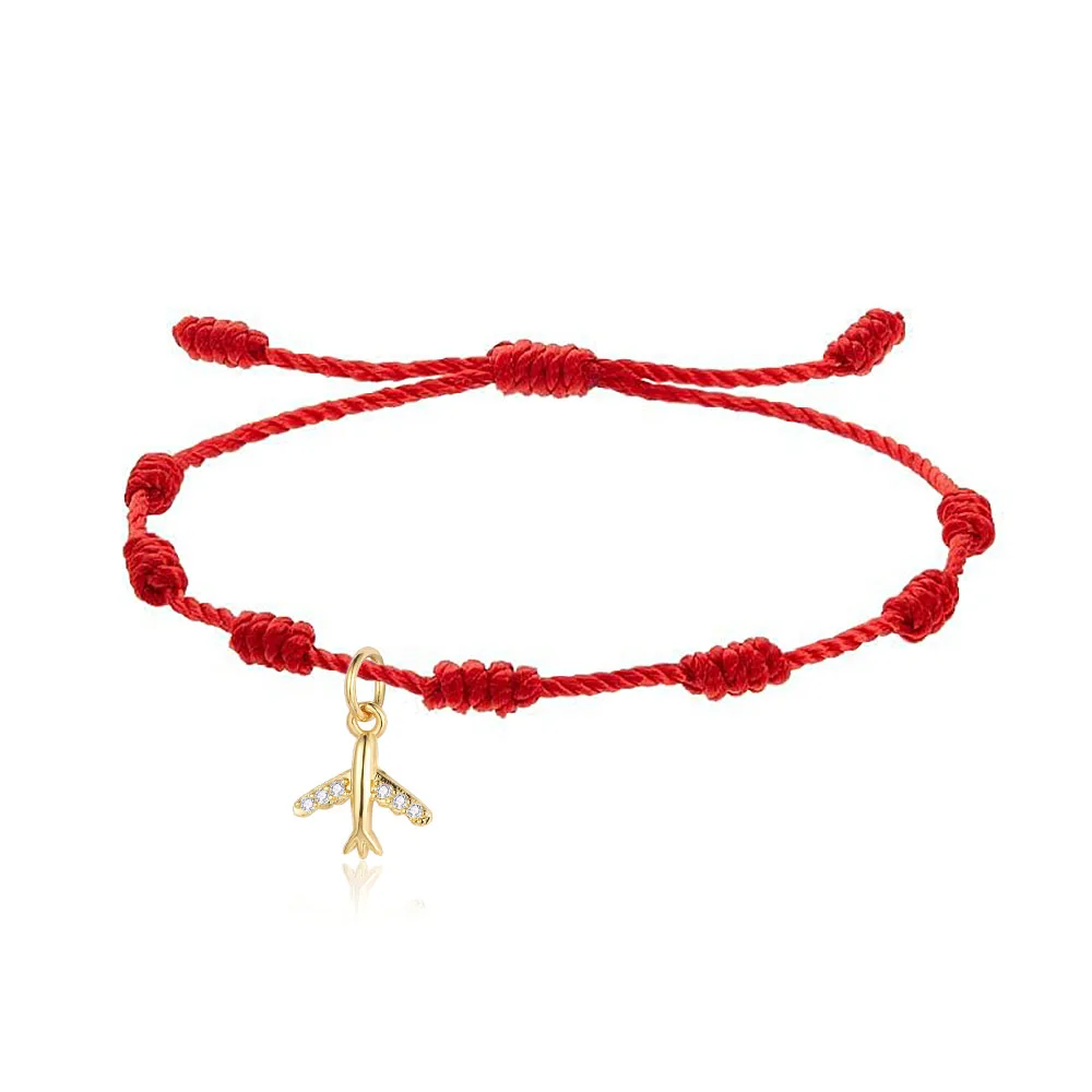 AAA Cubic Zirconia Crystal Brass Airplane Charm Bracelet Women 7 Lucky Knot Red String CZ Stones Mini Plane Trendy Jewelry Gift