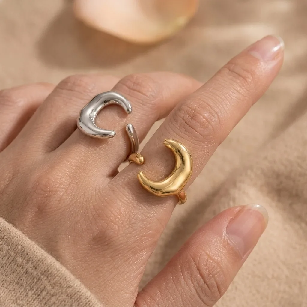 Trendy Minimalist Moon Open Rings for Women Versatile Popular Stainless Steel Ring Fashion Jewelry Factory Wholesale