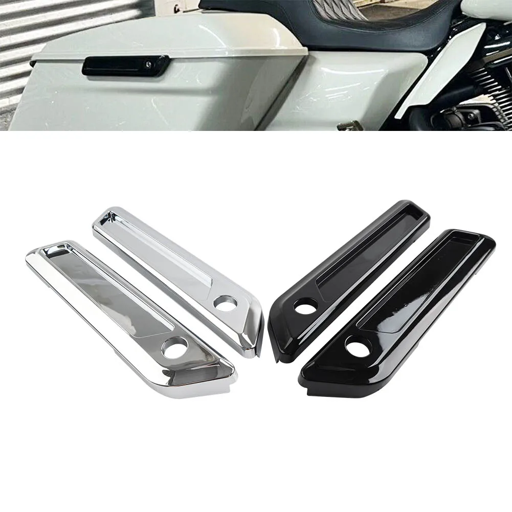1Pair Motorbike Saddle Bag Hinge Latch Covers Trim ABS Glossy Black/Chrome For Harley Touring Electra Glide Road King 2014-up
