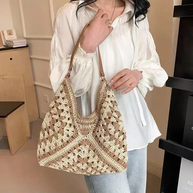 Women's retro handbag, woven lightweight handbag, fashionable commuting and travel shopping bag,