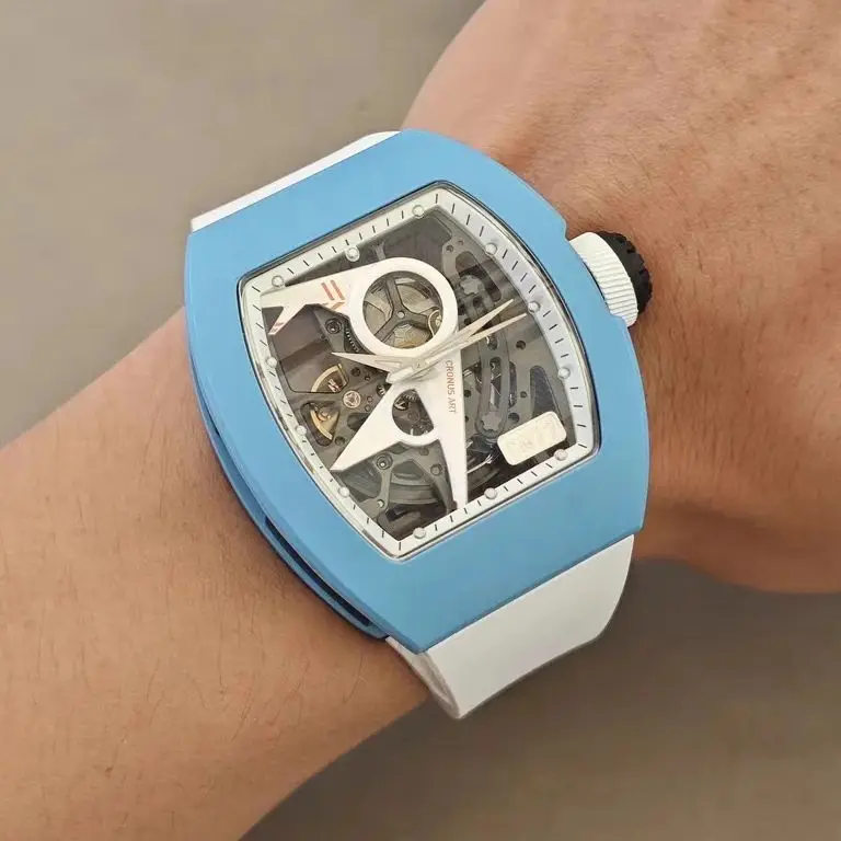 

CRONUSART Мужские автоматические часы-авиатор 50 мм Tonneau Механические наручные часы Светящийся ремешок из фторкаучука Скелет Авиатор Циферблат