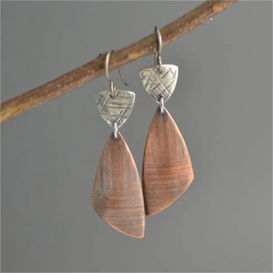 Vintage Hand Carved Pattern Dangle Women's Earrings Two Color Metal Geometry Daily Wear Party Jewelry Anniversary Gift