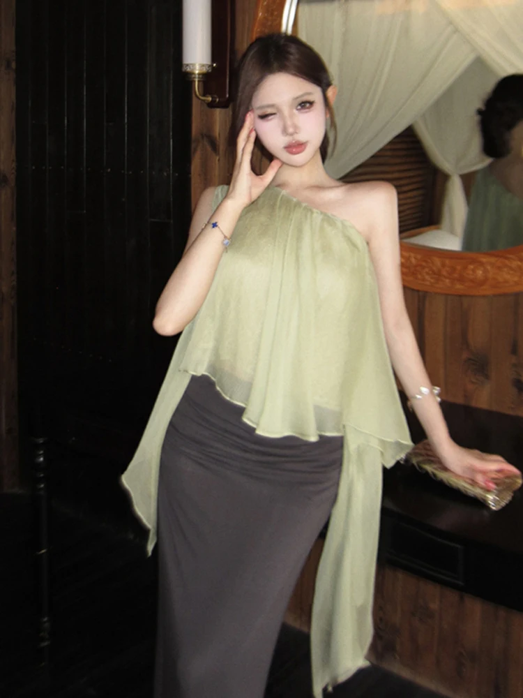 

Elegant Pure Desire Asymmetrical Shoulder Tunic Top with Sash And Pleated Skirt Two-Piece Set French Style Summer Outfit for ...