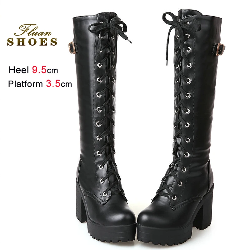 

Новые осенне-зимние женские сапоги до колена на высоком каблуке 9,5 см, на шнуровке с несколькими ремнями и пряжкой, на массивном каблуке, короткие плюшевые черные размеры 35-43