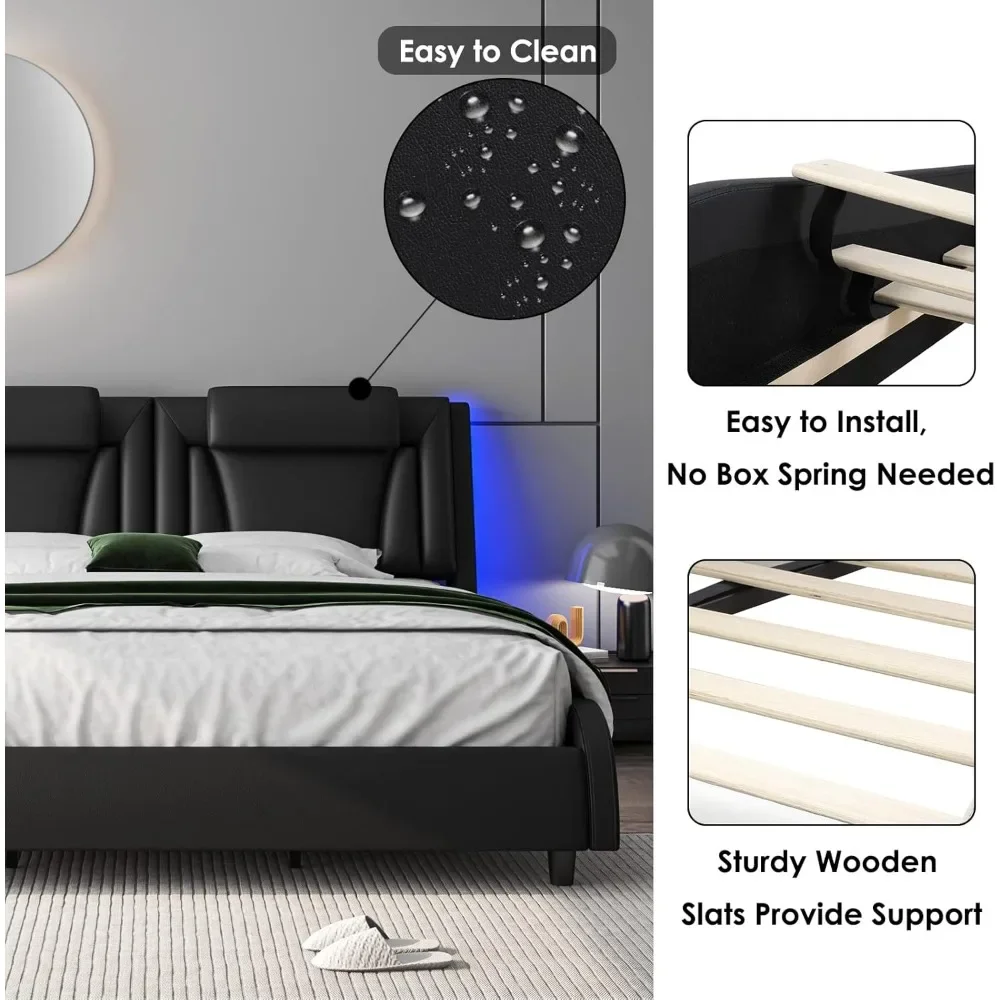 LED Headboard & Wave-Like Curve Design and Solid Wooden Slats Support, Pu Leather, No Box Spring Needed, Noise Free