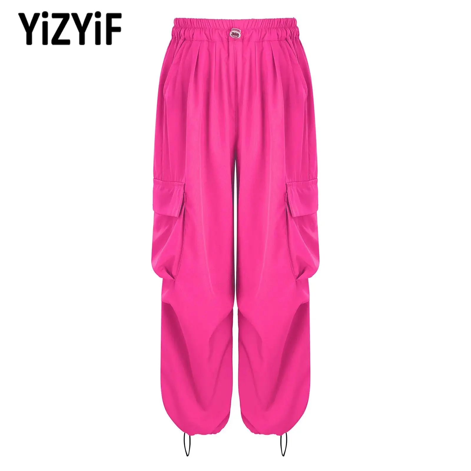 

Girls Stretchy Sports Cargo Pants Trousers with Multiple Pockets Teen Hip Hop Jazz Dance Stage Skateboarding Costumes Sportswear