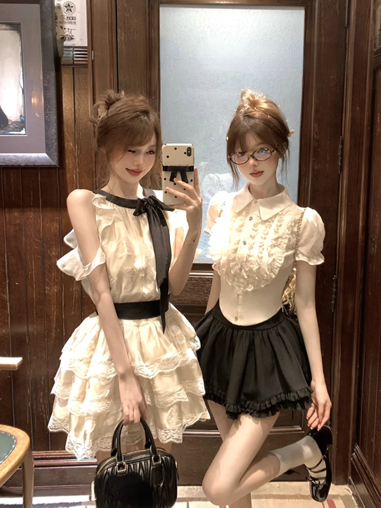 Vintage Evening Party Mini Dress Women Casual Summer Sweet Japanese Kawaii Dress Female Elegant Sleeveless Cute Princess Style