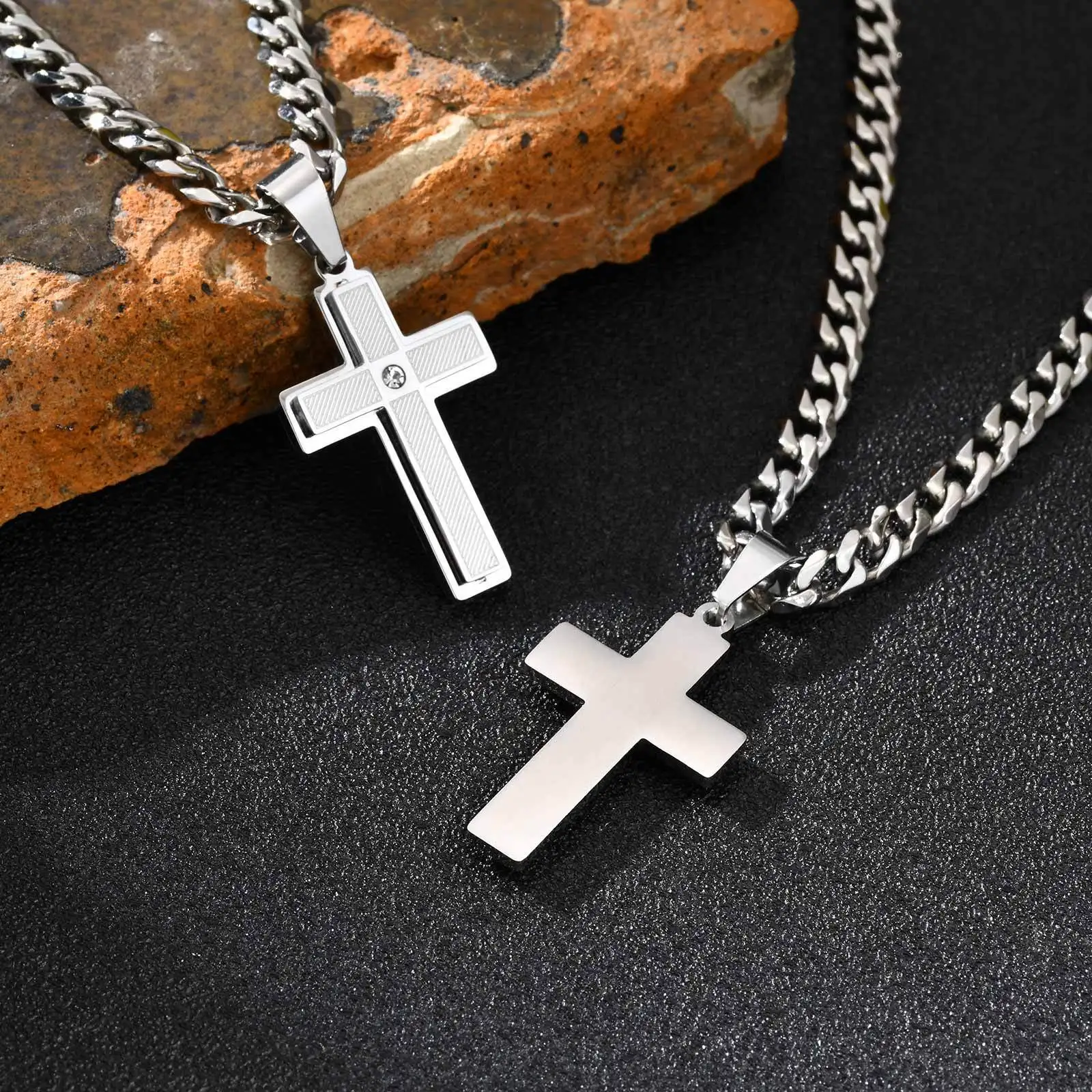 Wasserdichte, stilvolle Kreuz-Halskette für Männer und Jungen, nie verblassende Edelstahl-Anhänger-Halskette, christliches Gebetsschmuck-Geschenk – Detail 2