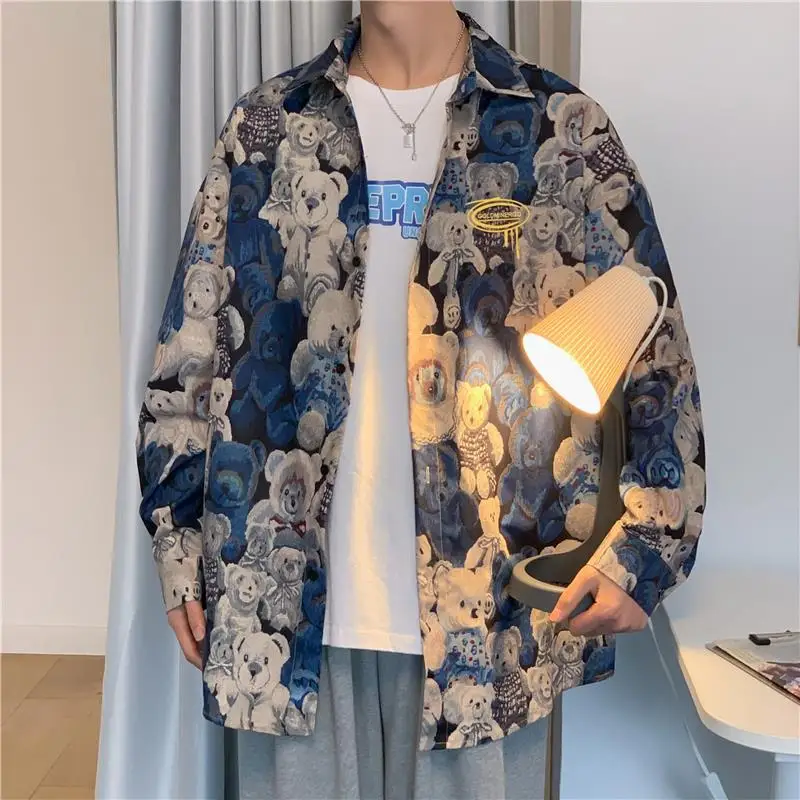 Bear Full Pattern Varsity Jacket Men Women Loose Baseball Jackets Spring Autumn Street Fashion Causal Bomber Outwear Unisex Coat