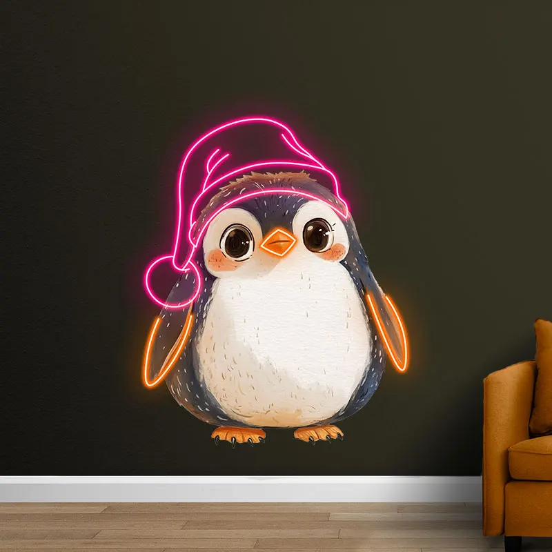 Adorable Baby Penguin Neon Light Sign - Cute Design with Santa Hat, Perfect for Christmas, Kids' Rooms and Festive Winter Decor